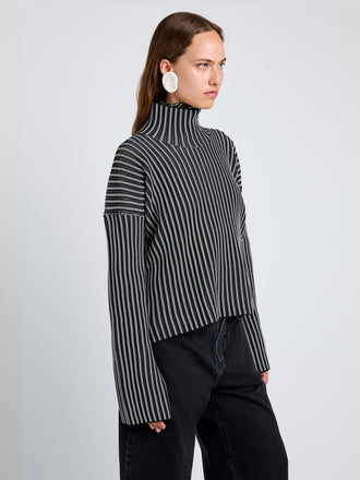 Proenza Schouler Detail image of model wearing Elysia Sweater in Ladder Stripe Knits in BlackWhite