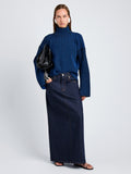 Proenza Schouler Front full length image of model wearing Elysia Sweater in Ladder Stripe Knits in BlueBlack