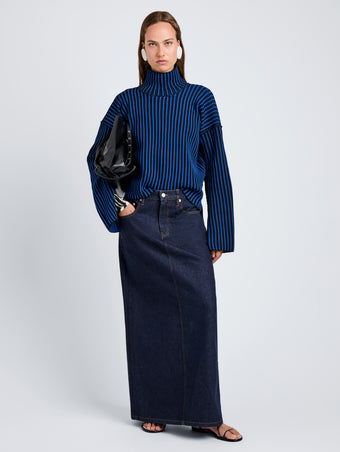 Proenza Schouler Front full length image of model wearing Elysia Sweater in Ladder Stripe Knits in BlueBlack