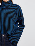 Proenza Schouler Detail image of model wearing Elysia Sweater in Ladder Stripe Knits in BlueBlack