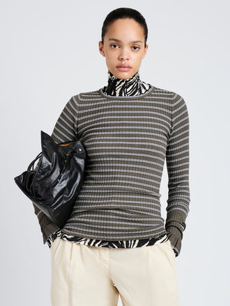 Proenza Schouler Front cropped image of model wearing Yasmine Sweater in Multi Stripe Knit in IvyWhite