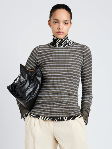 Proenza Schouler Front cropped image of model wearing Yasmine Sweater in Multi Stripe Knit in IvyWhite