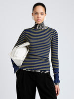 Proenza Schouler Front cropped image of model wearing Yasmine Sweater in Multi Stripe Knit in NavyYellow