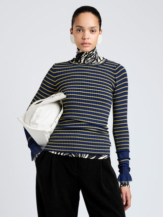 Proenza Schouler Front cropped image of model wearing Yasmine Sweater in Multi Stripe Knit in NavyYellow