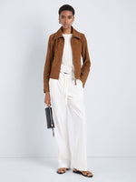 Proenza Schouler Front full length image of model wearing Tarin Jacket in Crinkled Suede in Tobacco