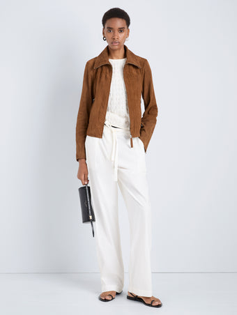 Proenza Schouler Front full length image of model wearing Tarin Jacket in Crinkled Suede in Tobacco