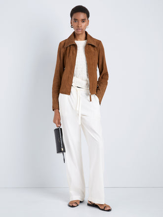 Proenza Schouler Front full length image of model wearing Tarin Jacket in Crinkled Suede in Tobacco