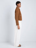 Proenza Schouler Side full length image of model wearing Tarin Jacket in Crinkled Suede in Tobacco