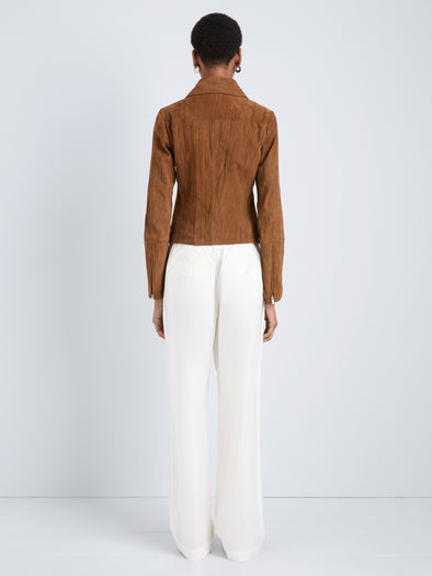 Proenza Schouler Back full length image of model wearing Tarin Jacket in Crinkled Suede in Tobacco