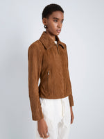 Proenza Schouler Detail image of model wearing Tarin Jacket in Crinkled Suede in Tobacco