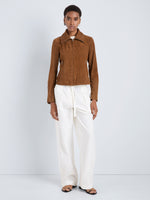 Proenza Schouler Front full length image of model wearing Tarin Jacket in Crinkled Suede in Tobacco