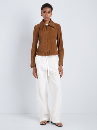 Proenza Schouler Front full length image of model wearing Tarin Jacket in Crinkled Suede in Tobacco