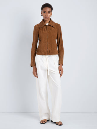 Proenza Schouler Front full length image of model wearing Tarin Jacket in Crinkled Suede in Tobacco