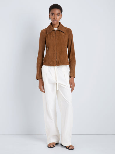 Proenza Schouler Front full length image of model wearing Tarin Jacket in Crinkled Suede in Tobacco