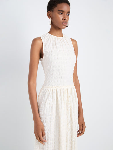 Proenza Schouler Detail image of model wearing Zoira Dress in Textured Cotton in Off White