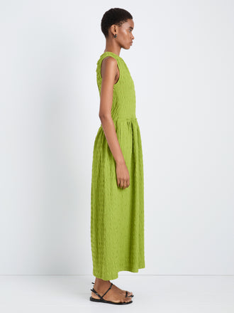 Proenza Schouler Side full length image of model wearing Zoira Dress in Textured Cotton in Apple