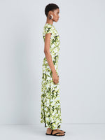 Proenza Schouler Side full length image of model wearing Noelani Dress in Soft Jersey in Straw Multi