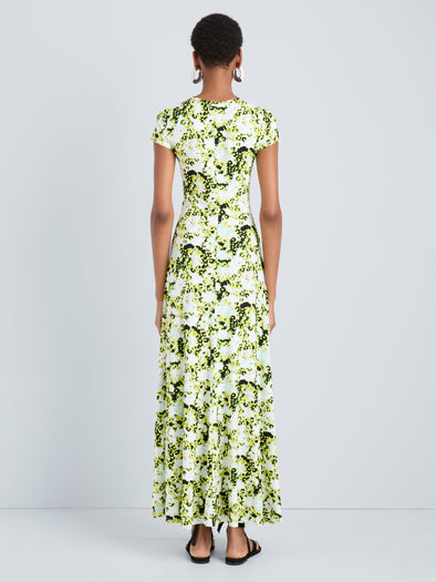 Proenza Schouler Back full length image of model wearing Noelani Dress in Soft Jersey in Straw Multi