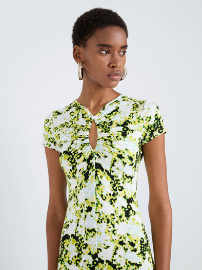 Proenza Schouler Detail image of model wearing Noelani Dress in Soft Jersey in Straw Multi