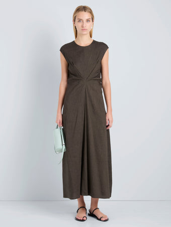 Proenza Schouler Front full length image of model wearing Miranda Dress in Linen Slub in Coffee
