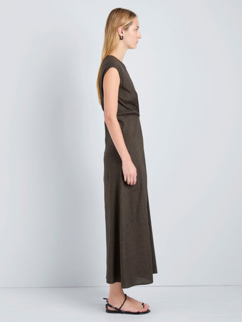 Proenza Schouler Side full length image of model wearing Miranda Dress in Linen Slub in Coffee