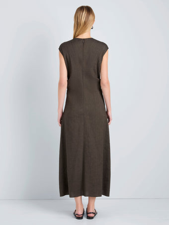 Proenza Schouler Back full length image of model wearing Miranda Dress in Linen Slub in Coffee