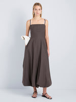 Proenza Schouler Front full length image of model wearing Ella Dress in Rumpled Cotton in Coffee