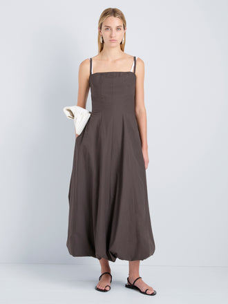Proenza Schouler Front full length image of model wearing Ella Dress in Rumpled Cotton in Coffee