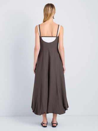 Proenza Schouler Back full length image of model wearing Ella Dress in Rumpled Cotton in Coffee