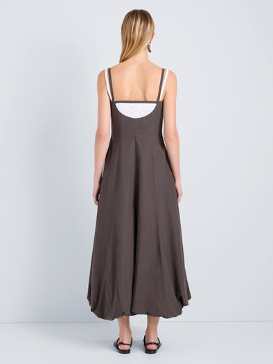 Proenza Schouler Back full length image of model wearing Ella Dress in Rumpled Cotton in Coffee