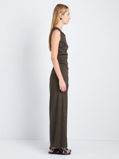 Proenza Schouler Side full length image of model wearing Anoushka Top in Linen Slub in Coffee