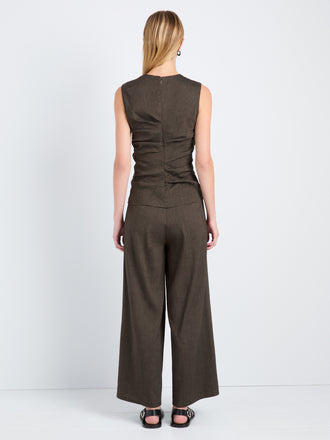 Proenza Schouler Back full length image of model wearing Anoushka Top in Linen Slub in Coffee