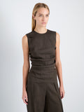 Proenza Schouler Detail image of model wearing Anoushka Top in Linen Slub in Coffee