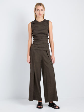 Proenza Schouler Front full length image of model wearing Anoushka Top in Linen Slub in Coffee
