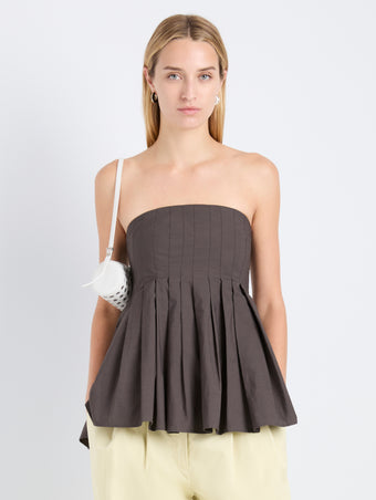 Proenza Schouler Front cropped image of model wearing Avine Top in Rumpled Cotton in Coffee
