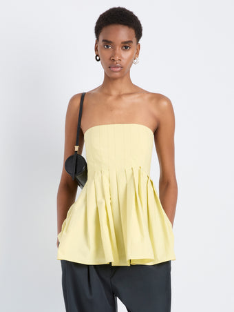 Proenza Schouler Front cropped image of model wearing Avine Top in Rumpled Cotton in Straw Multi