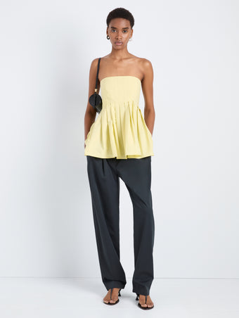 Proenza Schouler Front full length image of model wearing Avine Top in Rumpled Cotton in Straw Multi