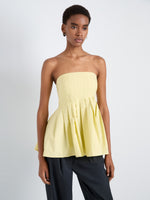 Proenza Schouler Detail image of model wearing Avine Top in Rumpled Cotton in Straw Multi