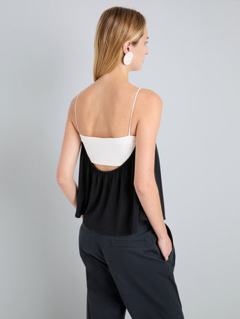 Proenza Schouler Detail image of model wearing Vanna Top in Soft Jersey in BlackWhite