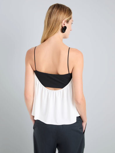 Proenza Schouler Detail image of model wearing Vanna Top in Soft Jersey in WhiteBlack