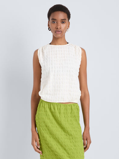 Proenza Schouler Detail image of model wearing Bradley Crewneck in Textured Cotton in Off White