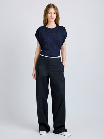 Proenza Schouler Full Length On Model Front Image of Reeva Tee in Marled Jersey in Navy 