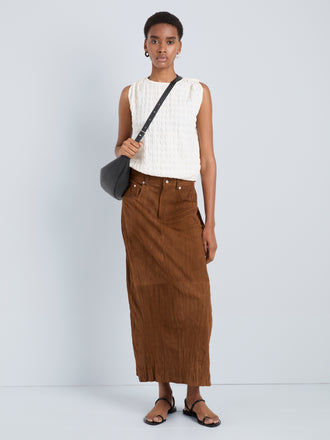 Proenza Schouler Front full length image of model wearing Nayah Skirt in Textured Suede in Tobacco