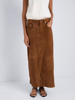 Proenza Schouler Detail image of model wearing Nayah Skirt in Textured Suede in Tobacco