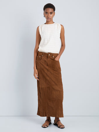 Proenza Schouler Front full length image of model wearing Nayah Skirt in Textured Suede in Tobacco