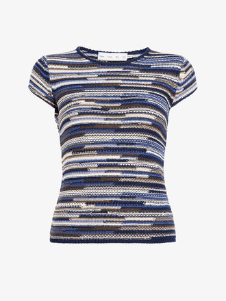 Proenza Schouler Still Life image of Veya Knit Tee in Linen Dry Rib in Navy Multi
