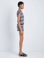 Proenza Schouler Side full length image of model wearing Veya Knit Tee in Linen Dry Rib in Navy Multi