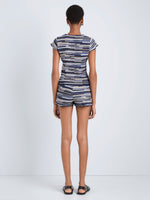 Proenza Schouler Back full length image of model wearing Veya Knit Tee in Linen Dry Rib in Navy Multi