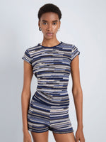 Proenza Schouler Detail image of model wearing Veya Knit Tee in Linen Dry Rib in Navy Multi