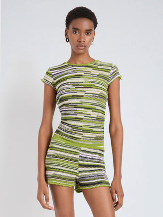 Proenza Schouler Front cropped image of model wearing Veya Knit Tee in Linen Dry Rib in Apple Multi